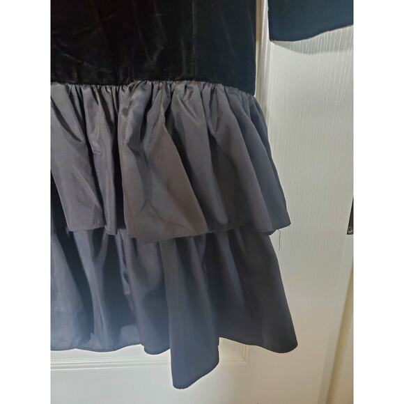 Vintage 80s Formal Black Velvet Drop Waist Tier Ruffled Skirt Midi Dress, Size 8 - Picture 12 of 13